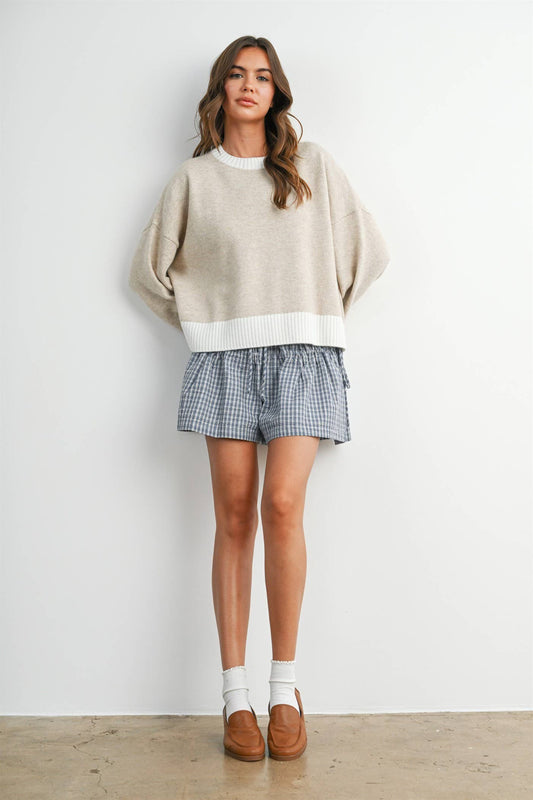 Cozy Contrast Trim Sweater - Taupe/Ivory