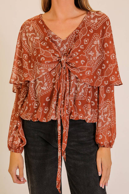 Western Bandana Print Cape-Sleeve Tie-Front Blouse