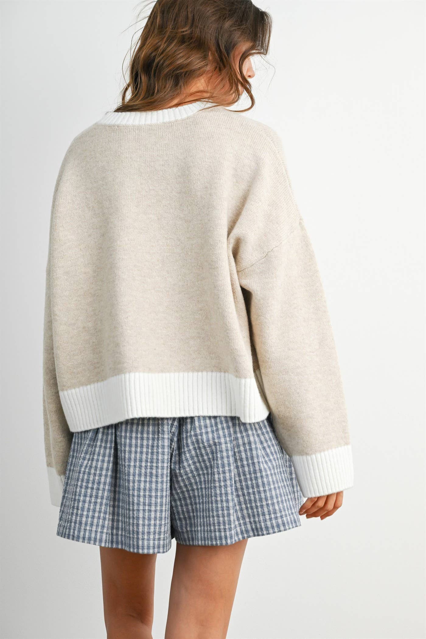 Buttermelon Cozy Contrast Trim Sweater - Taupe/Ivory