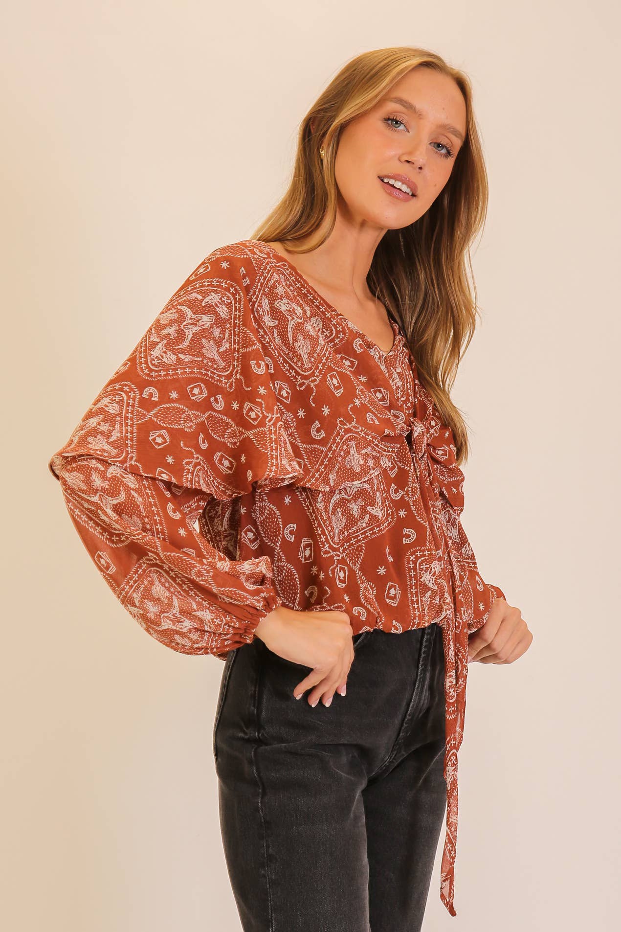Western Bandana Print Cape-Sleeve Tie-Front Blouse