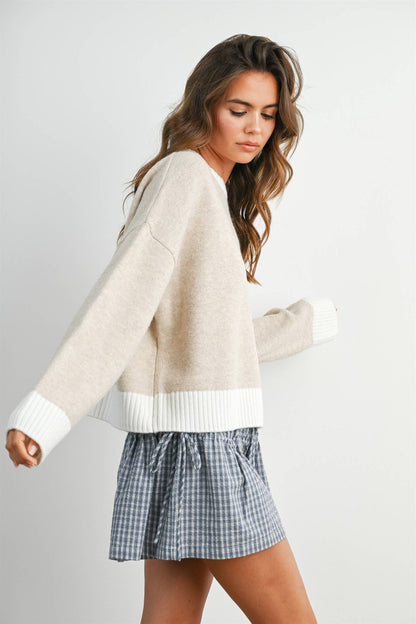 Buttermelon Cozy Contrast Trim Sweater - Taupe/Ivory