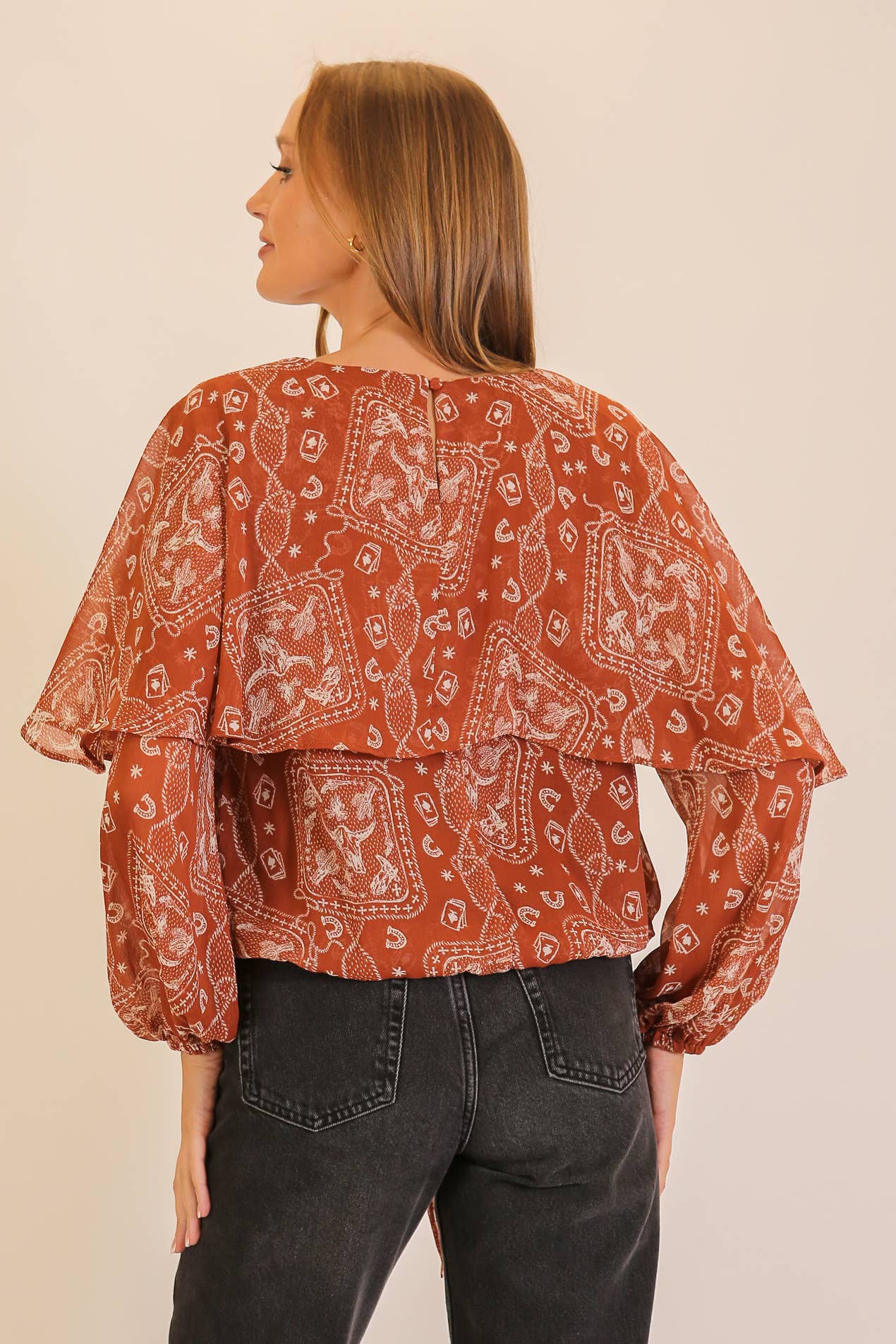 Western Bandana Print Cape-Sleeve Tie-Front Blouse
