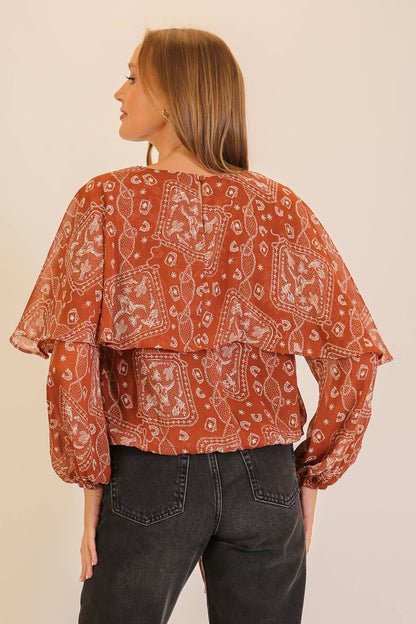 Western Bandana Print Cape-Sleeve Tie-Front Blouse