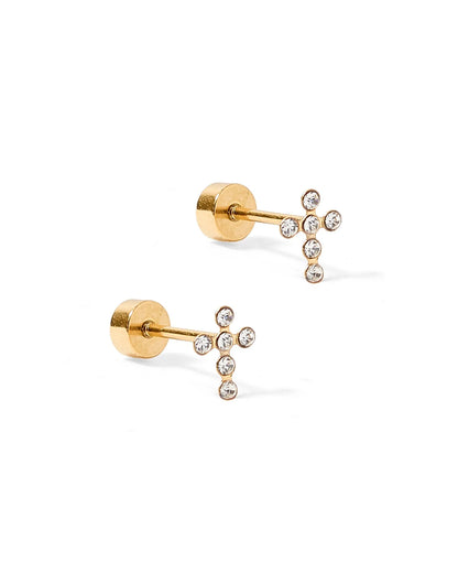 Linny Co Screwback Stud Earring - Clara Cross Gold Sparkle