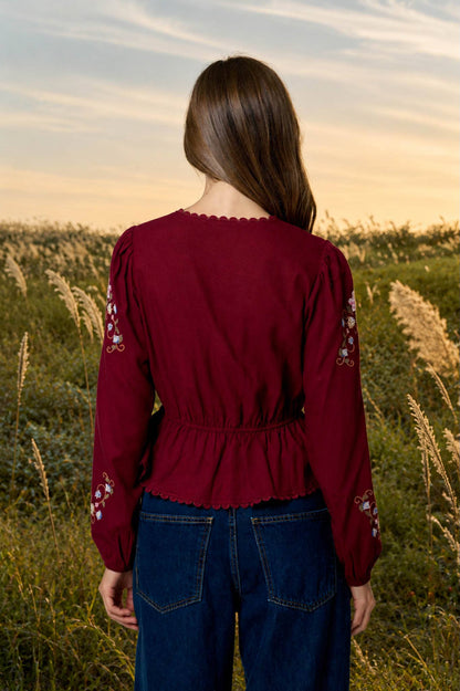 Floral Embroidery Crochet Lace Trim Front Tie Top
