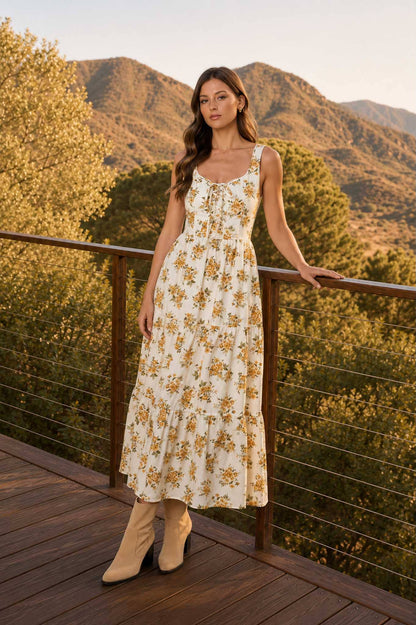 Floral Front Lace Up Corset Midi Dress