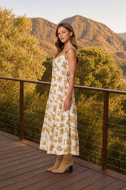 Floral Front Lace Up Corset Midi Dress
