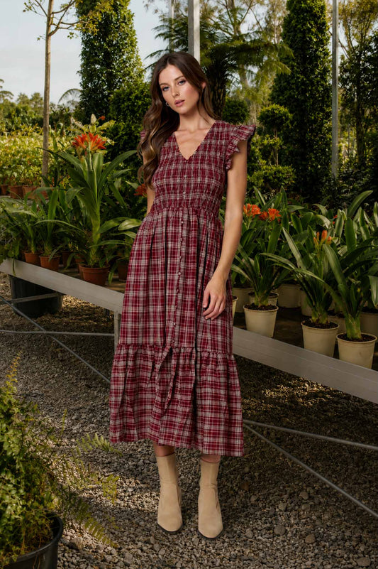 Plaid Smocked V Neck Button Down Ruffled Midi Dress