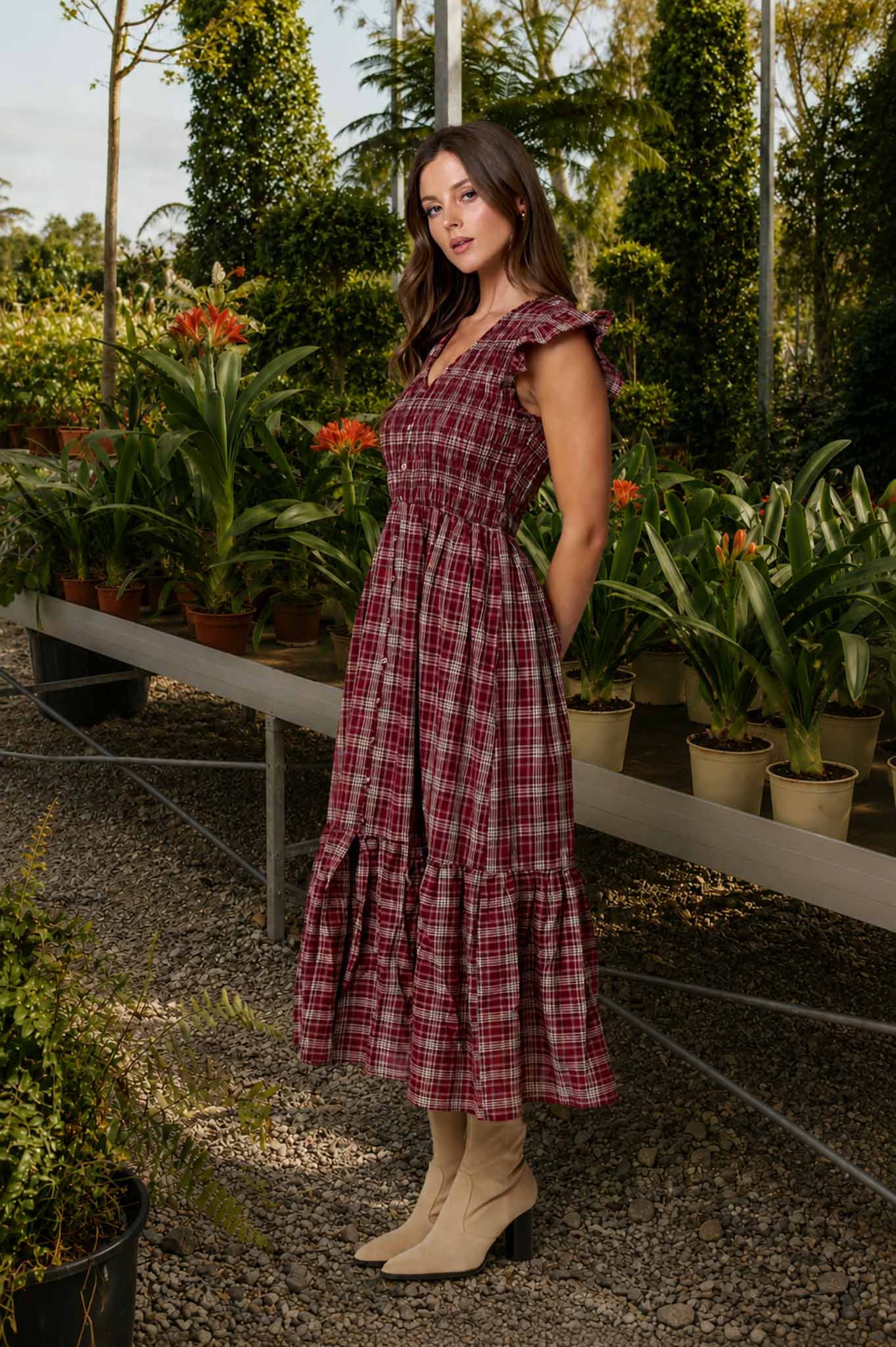 Plaid Smocked V Neck Button Down Ruffled Midi Dress