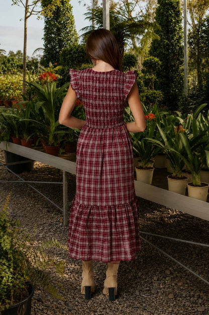 Plaid Smocked V Neck Button Down Ruffled Midi Dress