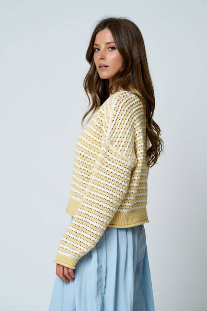 Textured Stripe Crochet Knit Button Down Cardigan