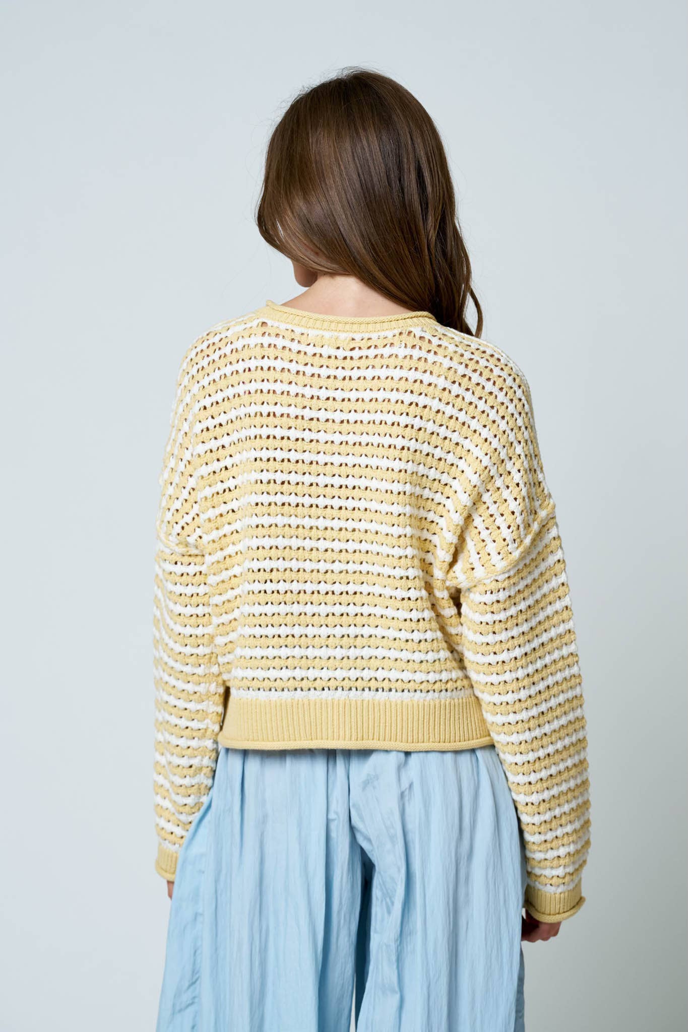 Textured Stripe Crochet Knit Button Down Cardigan