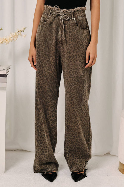 High Waist Leopard Print Raw Edge Self Tie Wide Leg Jeans