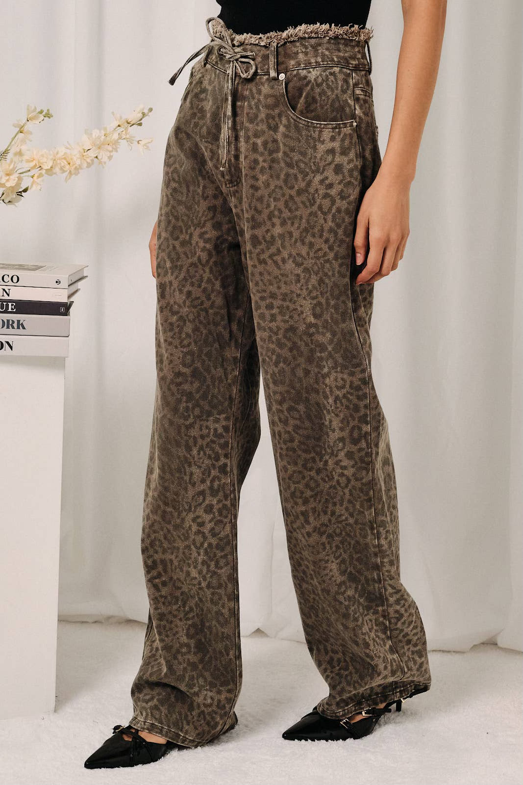 High Waist Leopard Print Raw Edge Self Tie Wide Leg Jeans