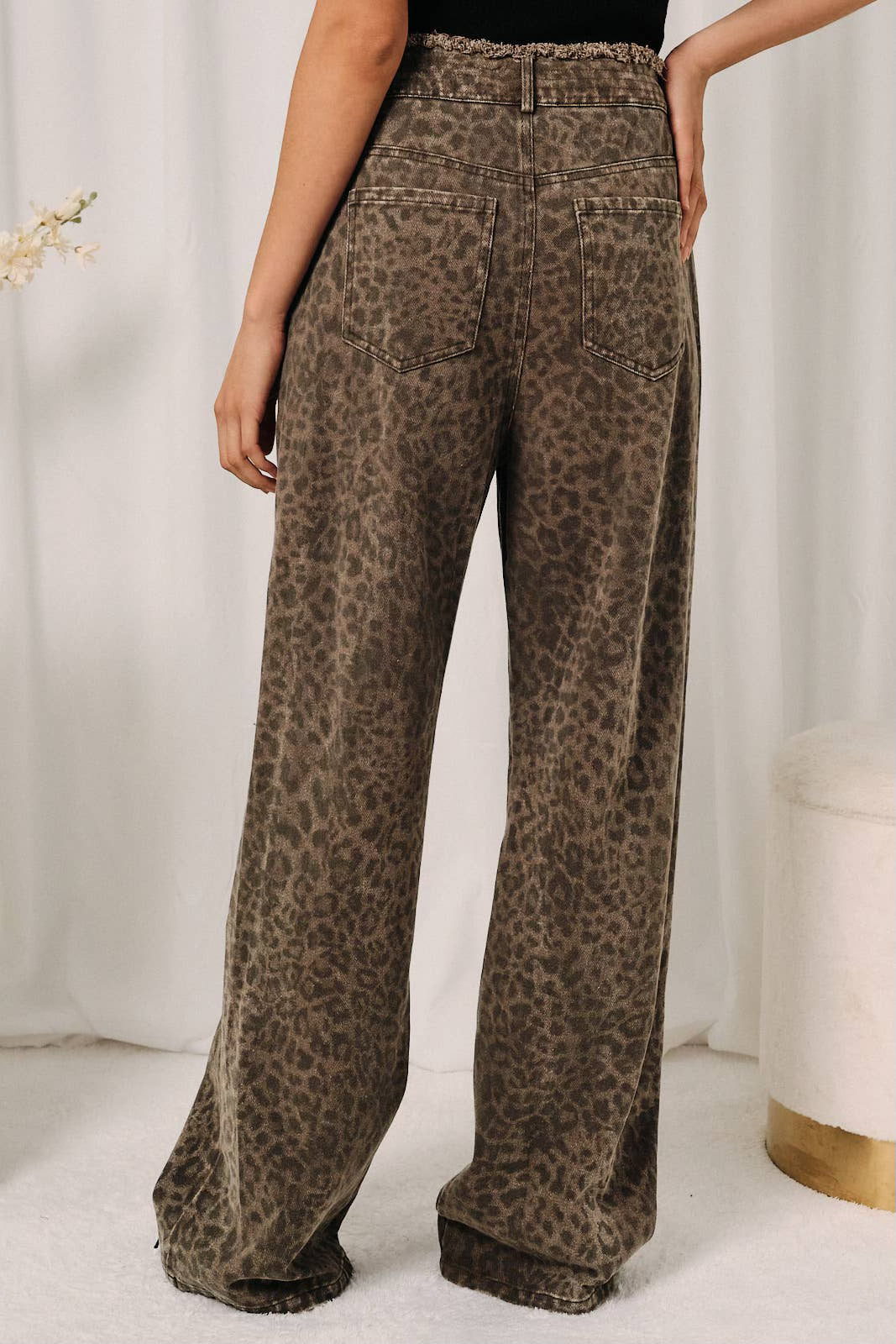 High Waist Leopard Print Raw Edge Self Tie Wide Leg Jeans