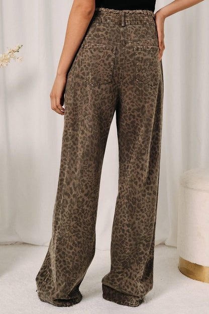 High Waist Leopard Print Raw Edge Self Tie Wide Leg Jeans
