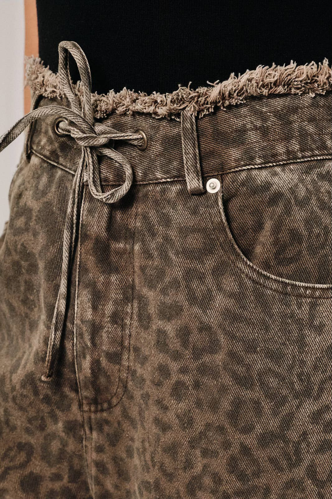 High Waist Leopard Print Raw Edge Self Tie Wide Leg Jeans