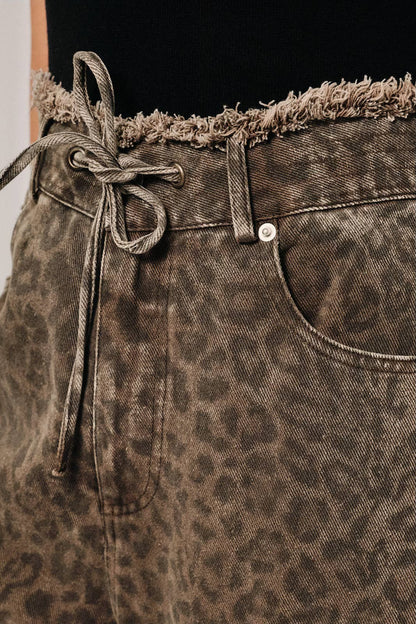 High Waist Leopard Print Raw Edge Self Tie Wide Leg Jeans