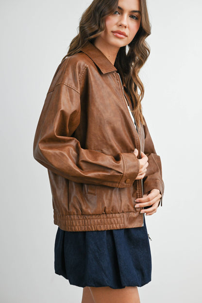 Collared Zip-Front Leather Jacket - Camel