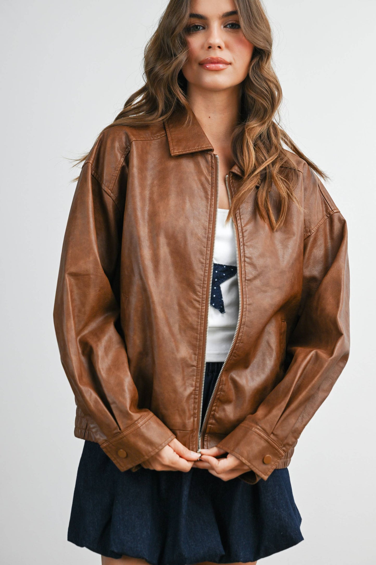 Collared Zip-Front Leather Jacket - Camel
