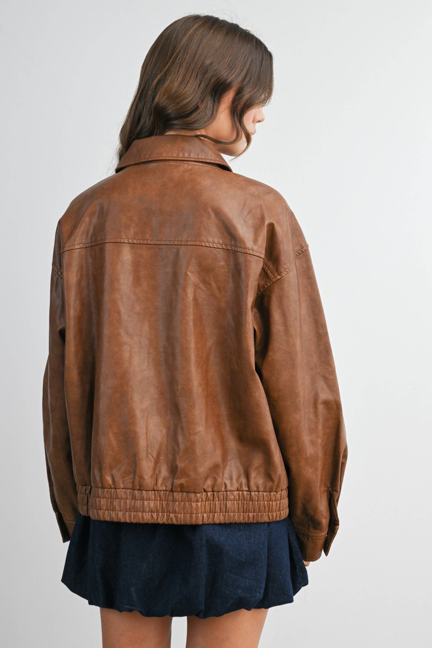 Collared Zip-Front Leather Jacket - Camel