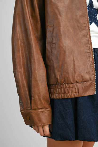 Collared Zip-Front Leather Jacket - Camel