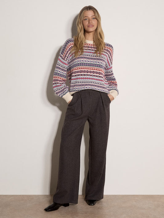 Multicolour fair isle knit jumper with cream cuffs and neckline trim