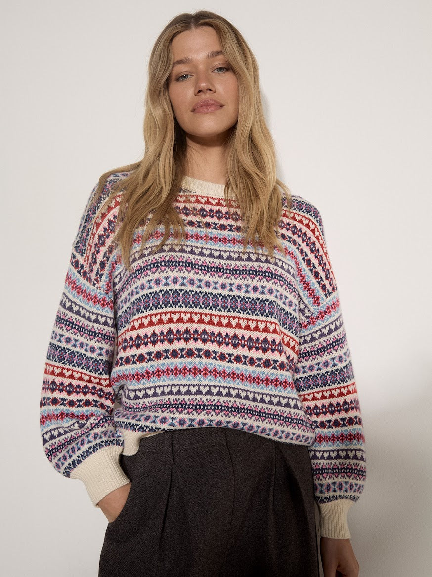 Multicolour Fair Isle knit jumper with red, blue, and cream geometric pattern