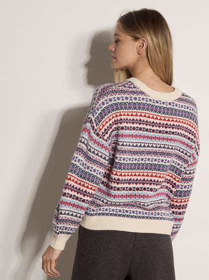 Cream fairisle jumper with multicolour red, blue, navy geometric pattern, crew neck