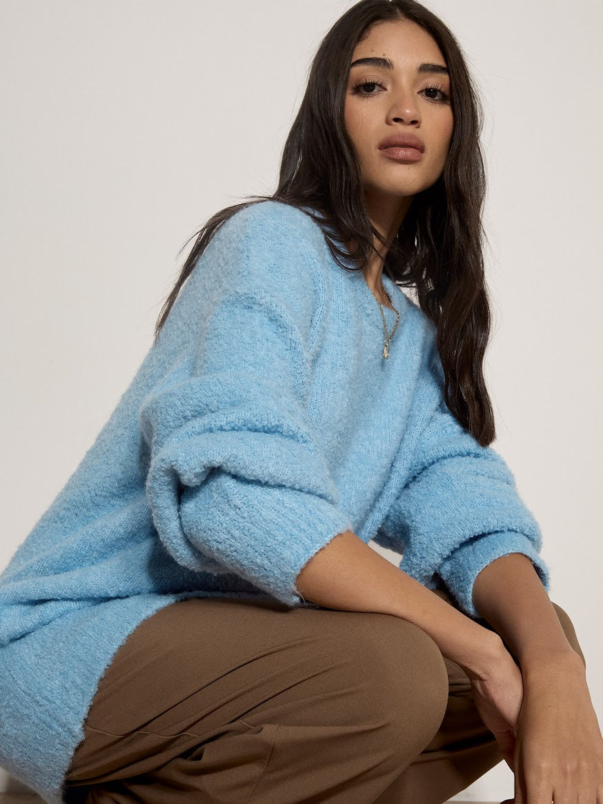 Apricot blue boucle oversized knit jumper with ribbed cuffs and relaxed fit