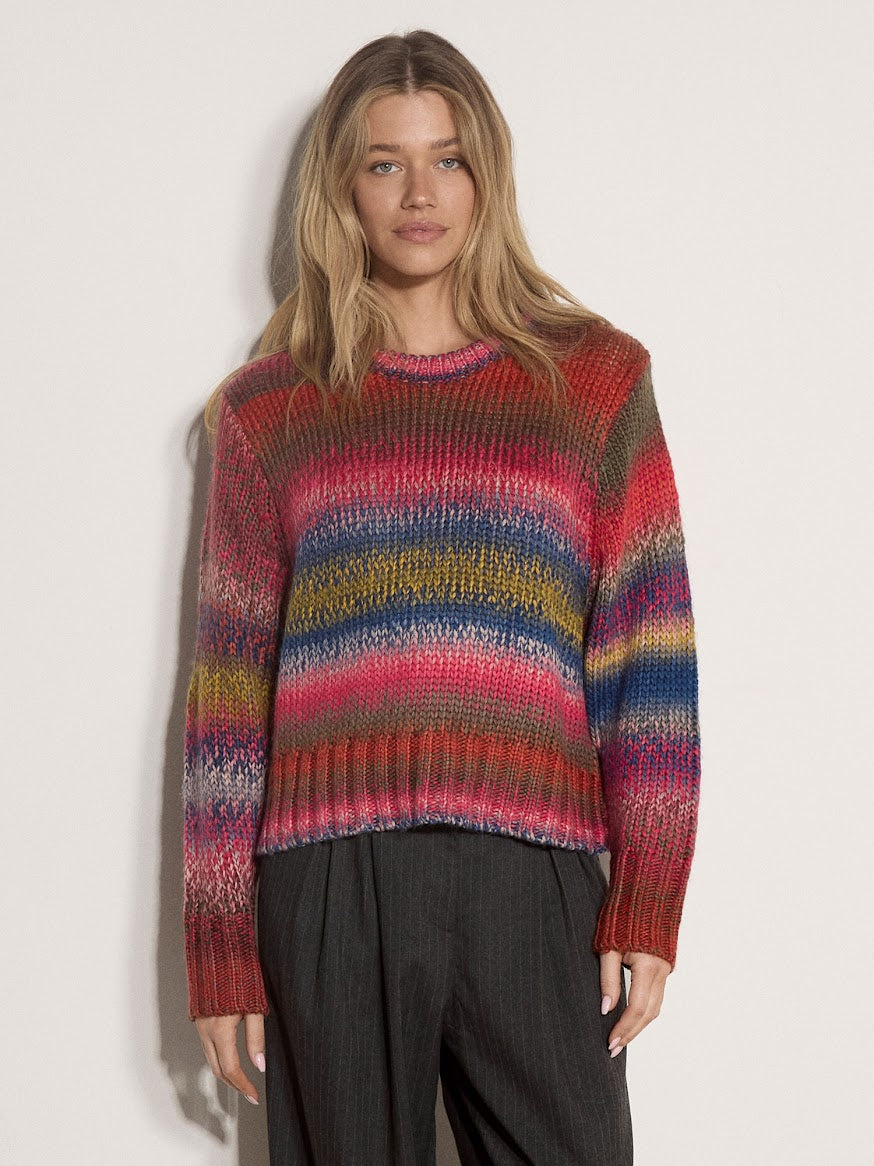 Chunky knit multicolor striped jumper in pink, blue, and yellow tones