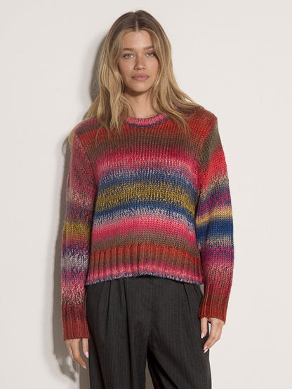 Chunky knit multicolor striped jumper in pink, blue, and yellow tones