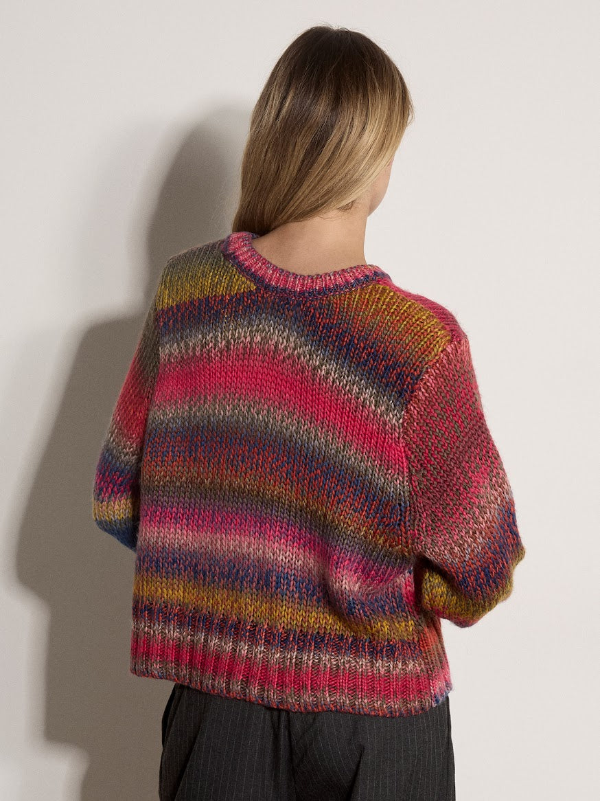 Chunky knit multicolor striped jumper in pink, blue, yellow, and grey tones