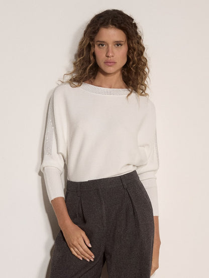 White ribbed knit jumper with diamante neckline and sleeve detail