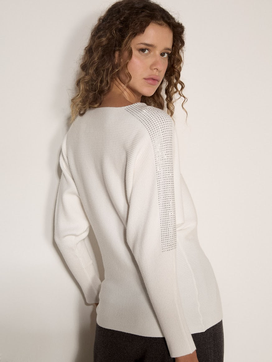 White ribbed knit jumper with diamante strip detail down the back