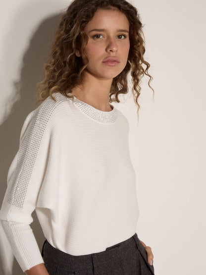 White ribbed jumper with diamante detail on neckline and sleeves