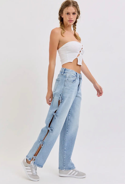 Cello Mid Rise Baggy Dad Jeans Side Self Tie