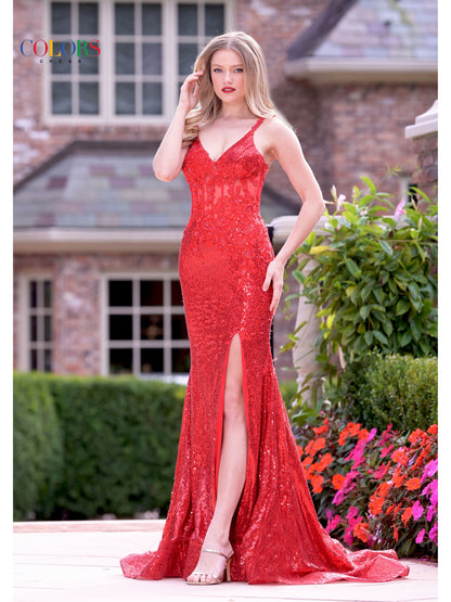 Colors embroidered formal prom mesh gown with sequins
