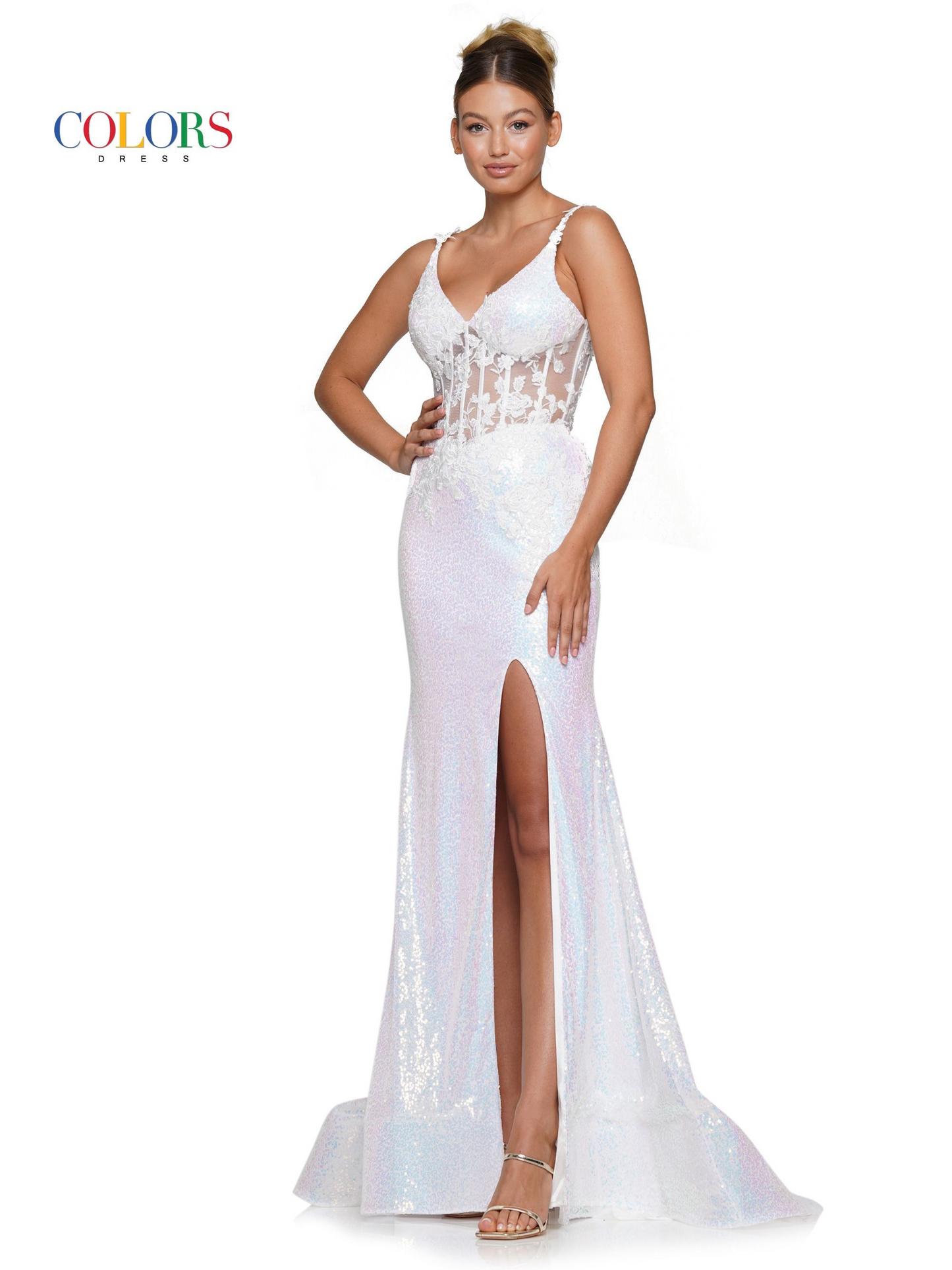 Colors embroidered formal prom mesh gown with sequins