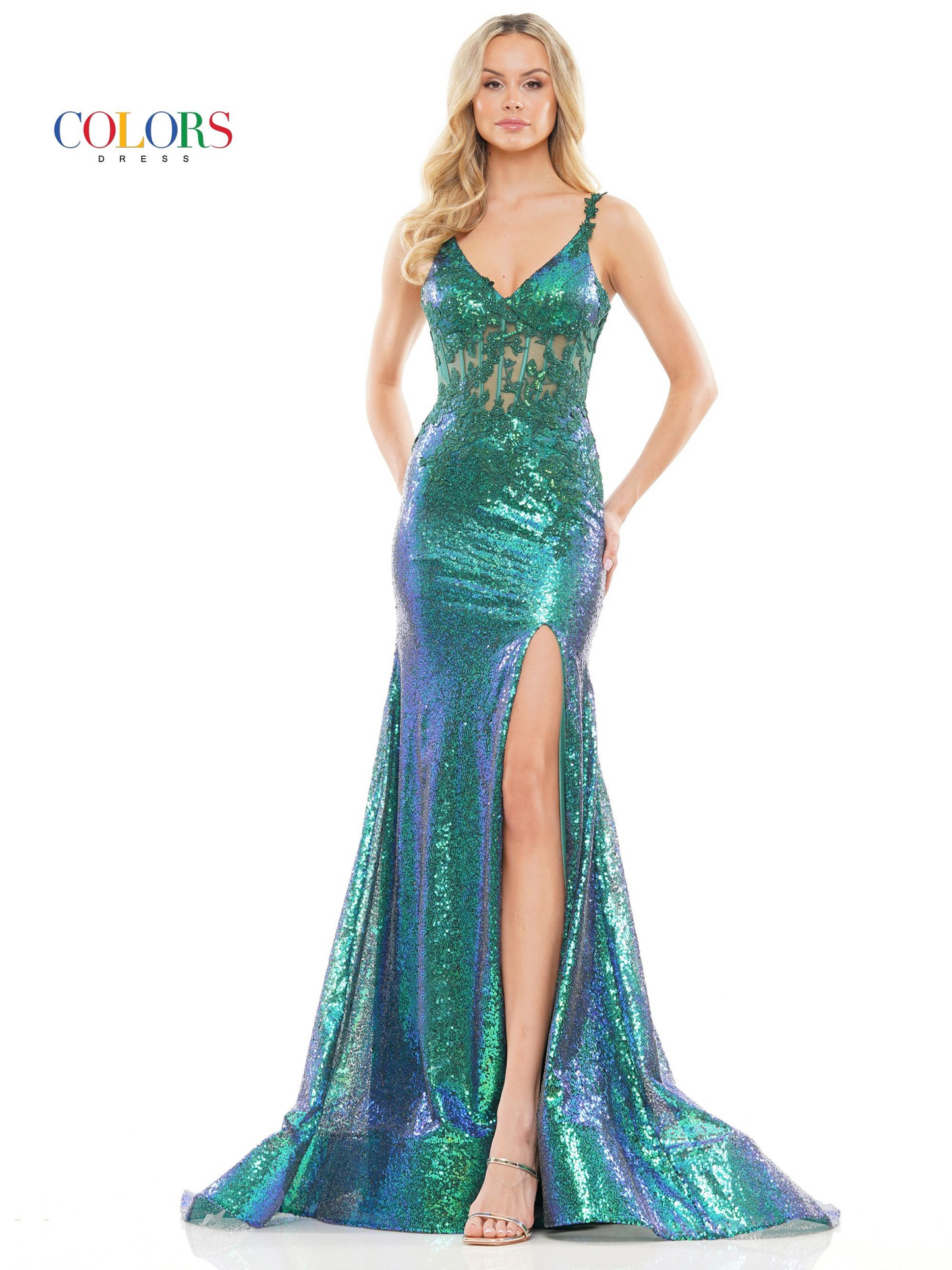 Colors embroidered formal prom mesh gown with sequins
