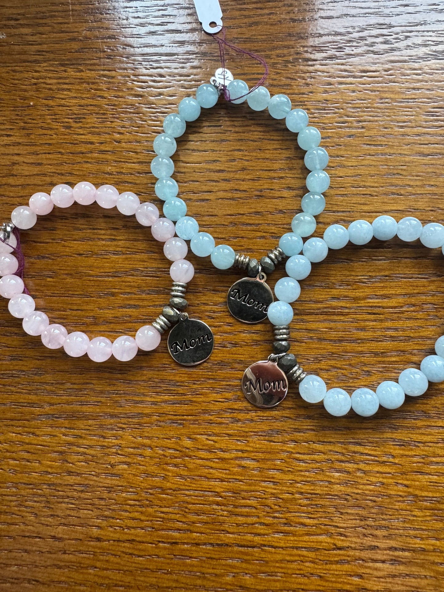 Rose Quartz Stone Bracelet with Mom Sterling Silver Charm