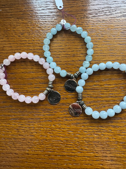 Rose Quartz Stone Bracelet with Mom Sterling Silver Charm