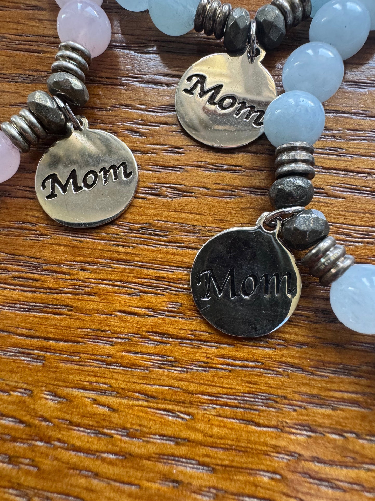 Rose Quartz Stone Bracelet with Mom Sterling Silver Charm