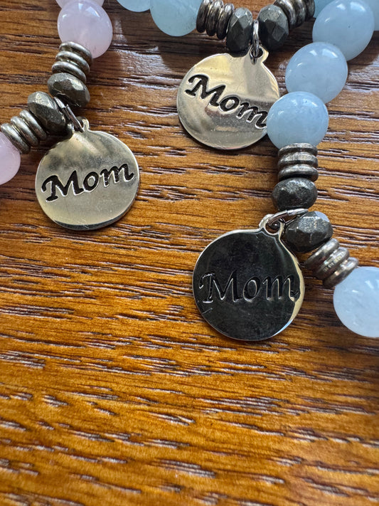 Rose Quartz Stone Bracelet with Mom Sterling Silver Charm