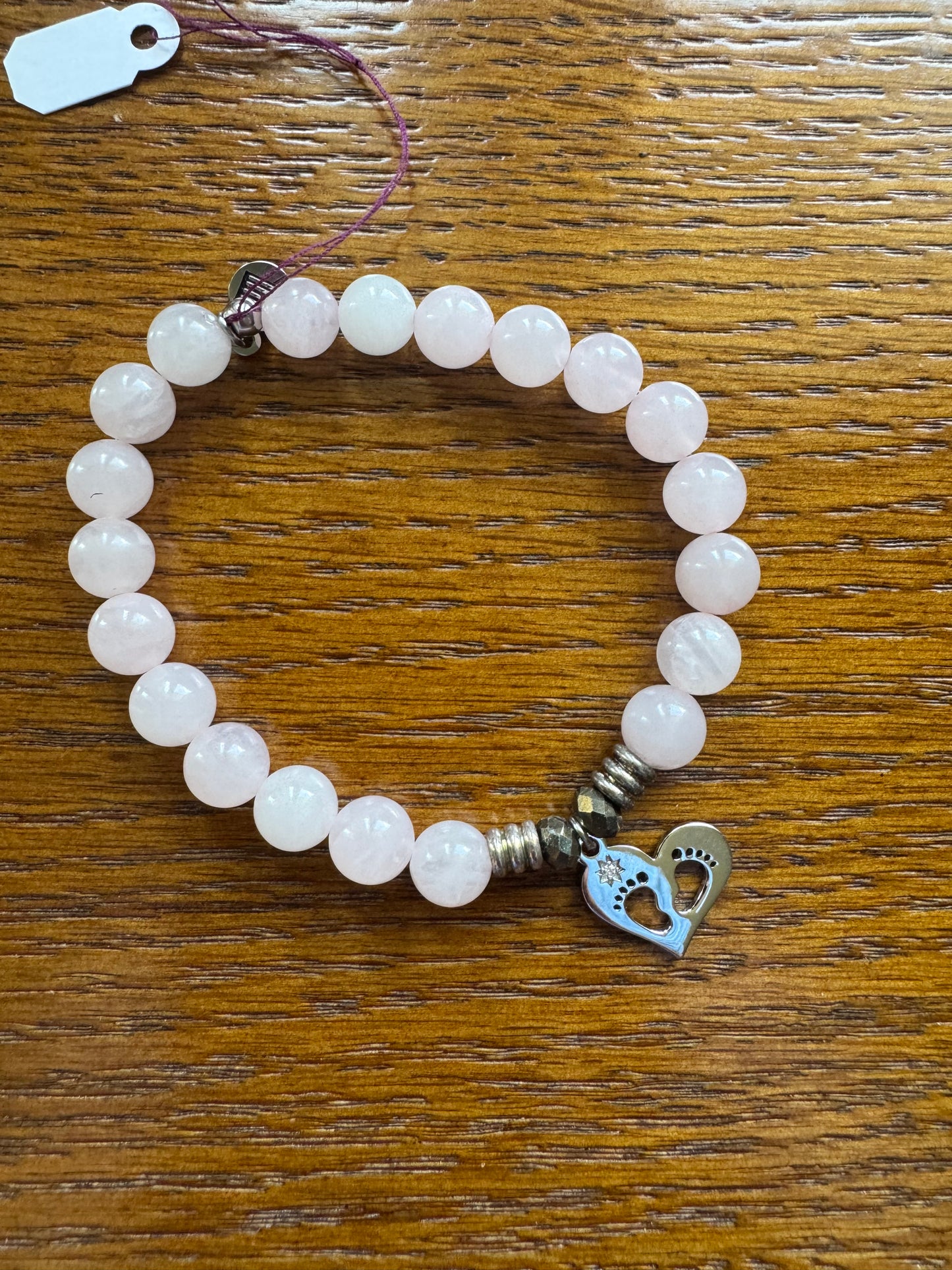 Rose Quartz Stone Bracelet with Baby Feet Sterling Silver Charm