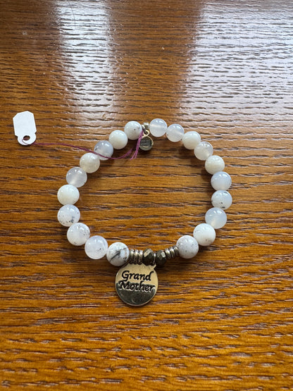 White Chalcedony Stone Bracelet with Grandmother Sterling Silver Charm