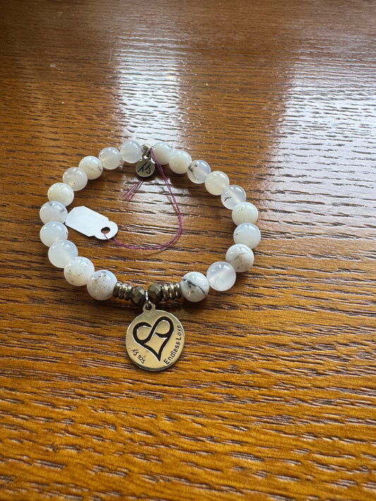 White Chalcedony Stone Bracelet with Grandmother Sterling Silver Charm
