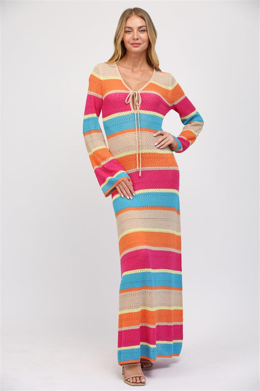 Fate by LFD Stripe Long Sleeve Crochet Maxi Dress