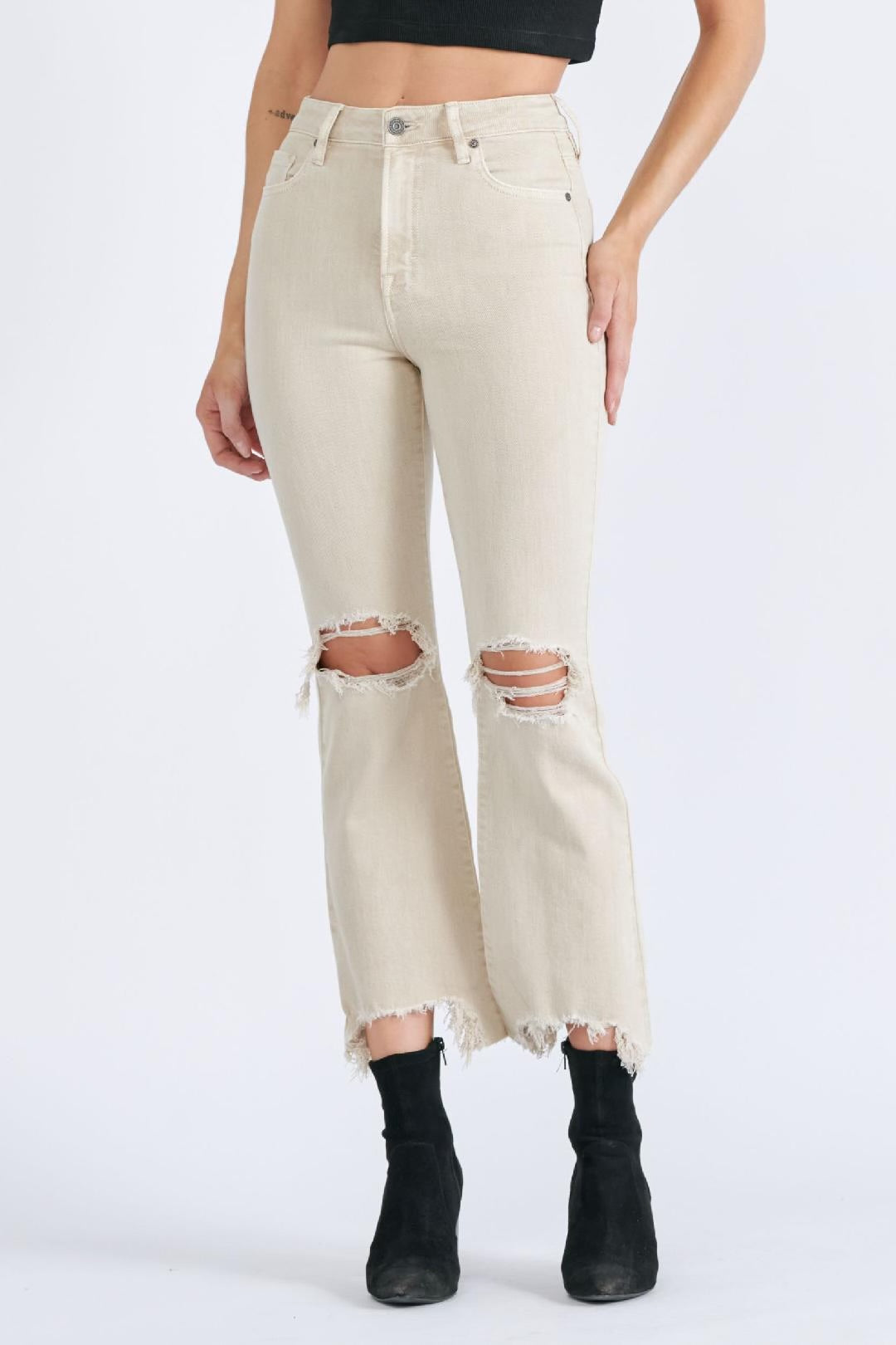 Hidden The Happi Khaki Color Knee Distressed Cropped Flare Jeans