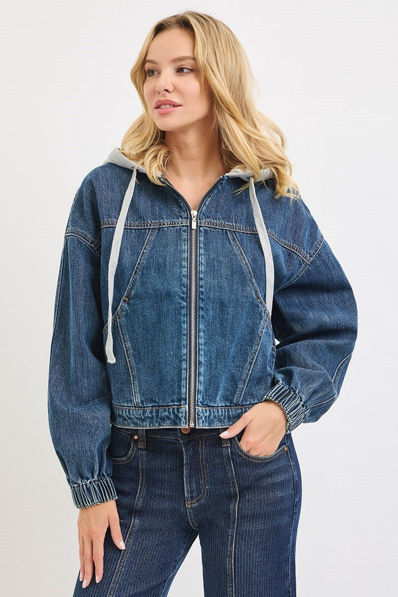 Risen Hooded Denim Bomber Jacket | Cropped 100% Cotton